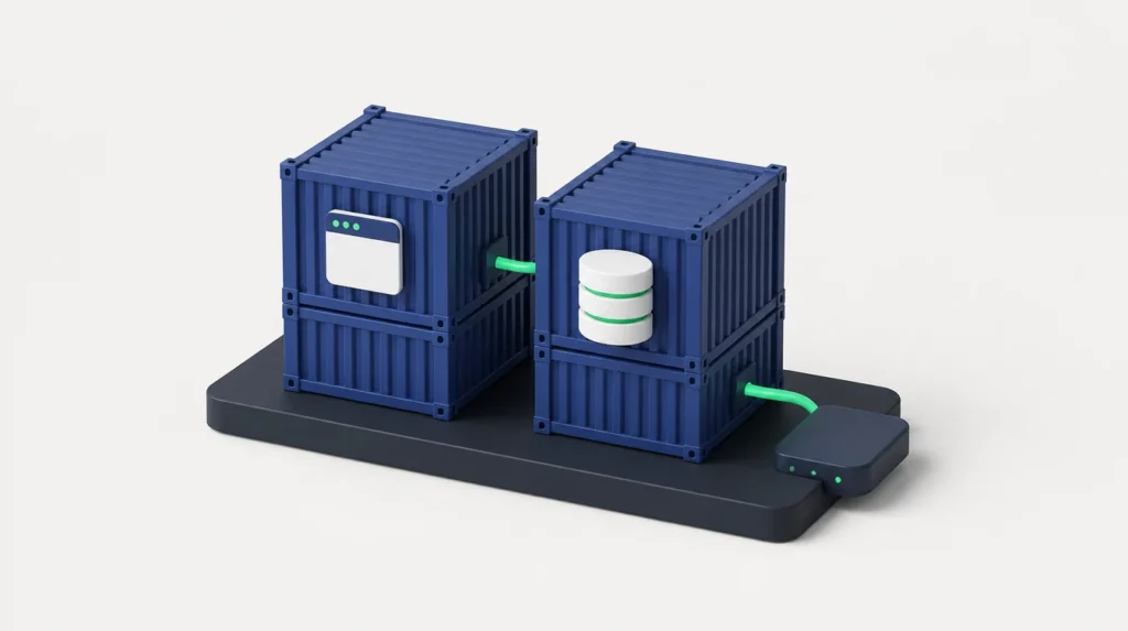 Illustrazione di due container collegati, uno con un disco dati
