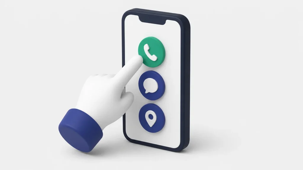 Smartphone con i pulsanti per chiamare, scrivere e avere le indicazioni