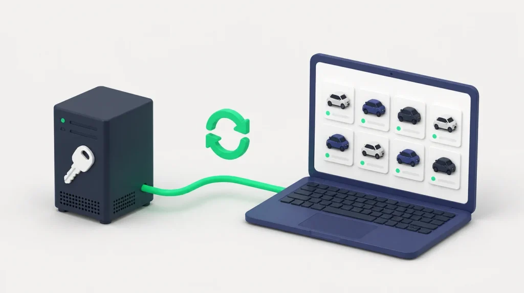 Illustrazione di un archivio dati collegato a un laptop con un catalogo di auto che si aggiorna