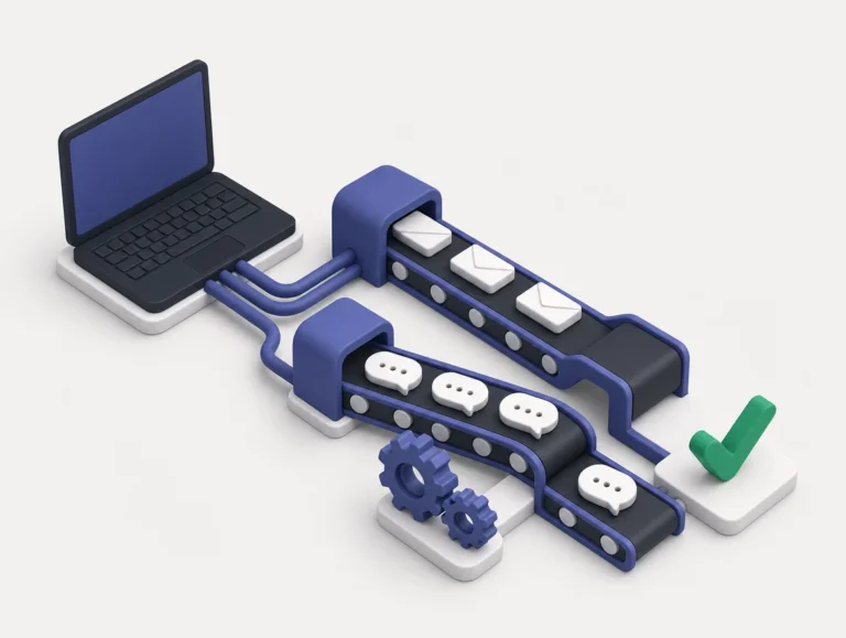 Illustrazione dell'automazione dei processi: contatti che passano dal computer al telefono