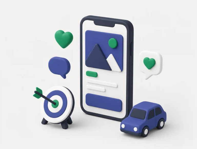 Illustrazione della pubblicità su Facebook e Instagram: telefono con un annuncio e un bersaglio