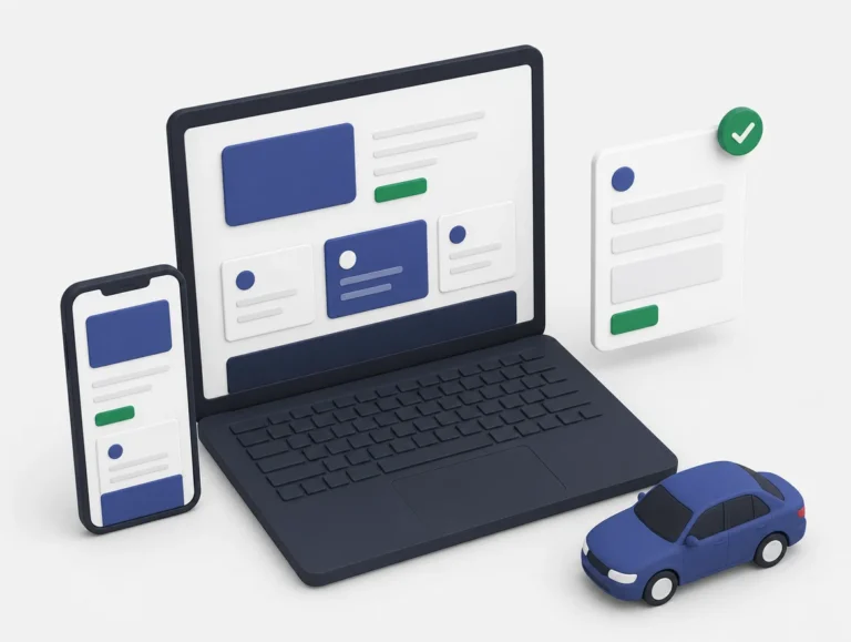 Illustrazione della realizzazione di siti web WordPress: computer, telefono e modulo di contatto