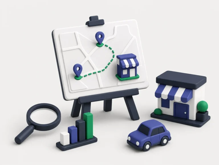 Illustrazione di una strategia digitale: mappa con percorso verso un negozio e un'auto
