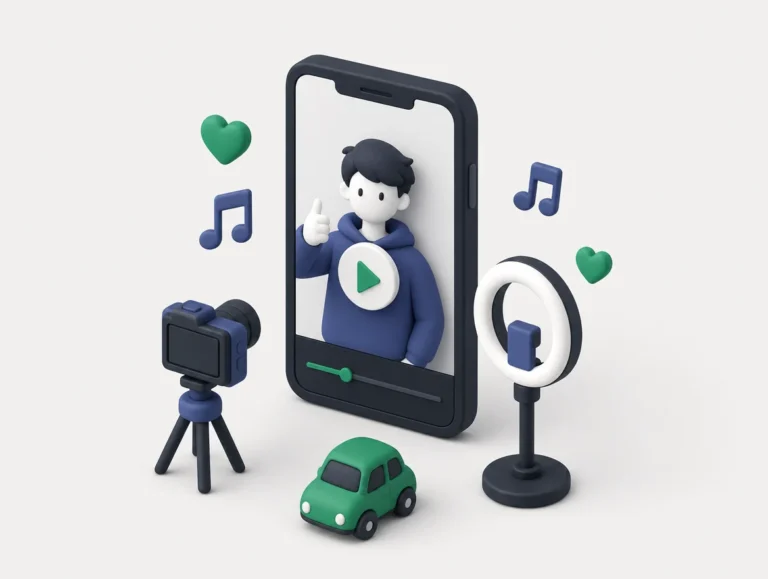 Illustrazione delle campagne TikTok Ads: telefono con un video verticale e una videocamera