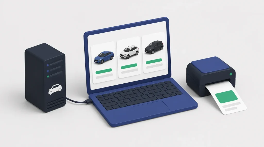 Illustrazione di un catalogo auto sul laptop collegato a un archivio dati e a un preventivo stampato