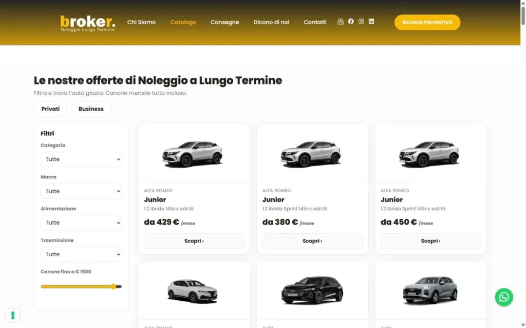 Catalogo di offerte di noleggio a lungo termine con filtri per privati e aziende