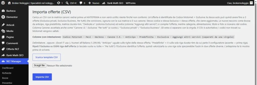 Import del listino di noleggio a lungo termine da file CSV in WordPress