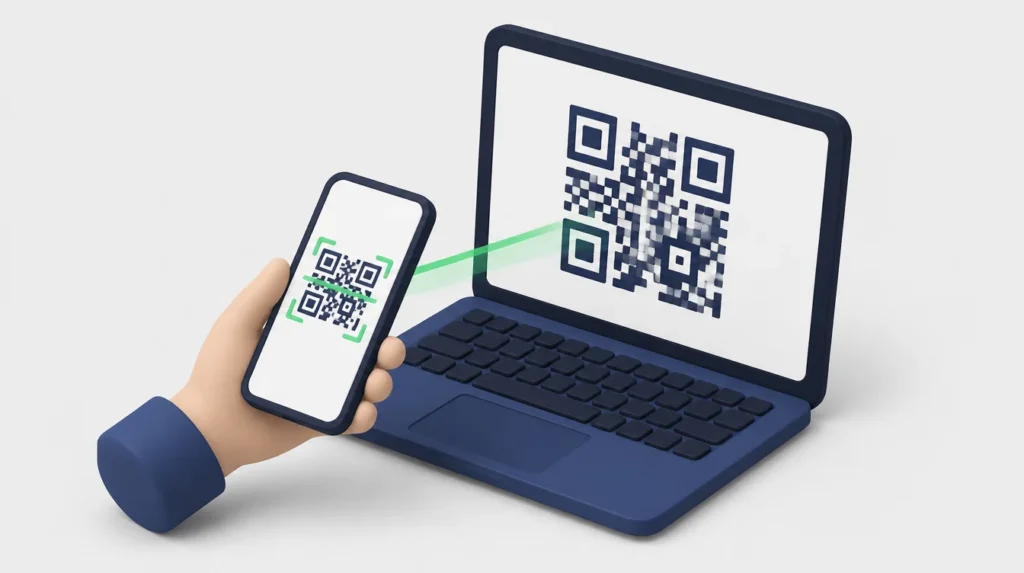 Illustrazione di uno smartphone che inquadra un codice QR sullo schermo di un computer