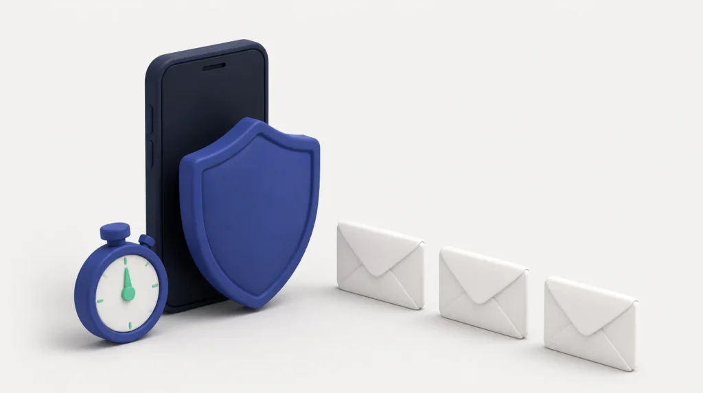 Illustrazione di uno smartphone protetto da uno scudo con un cronometro