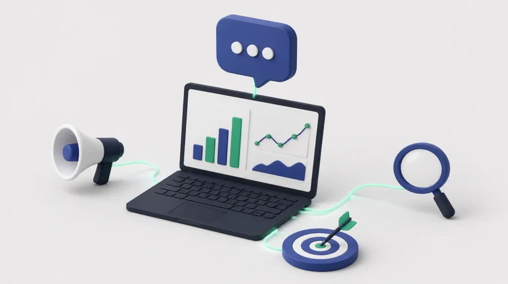Illustrazione di un laptop con grafici collegato a una chat e agli strumenti pubblicitari