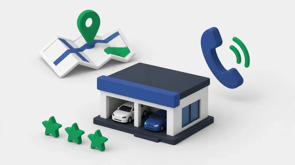 Scheda Google Business Profile di una concessionaria auto in mappa