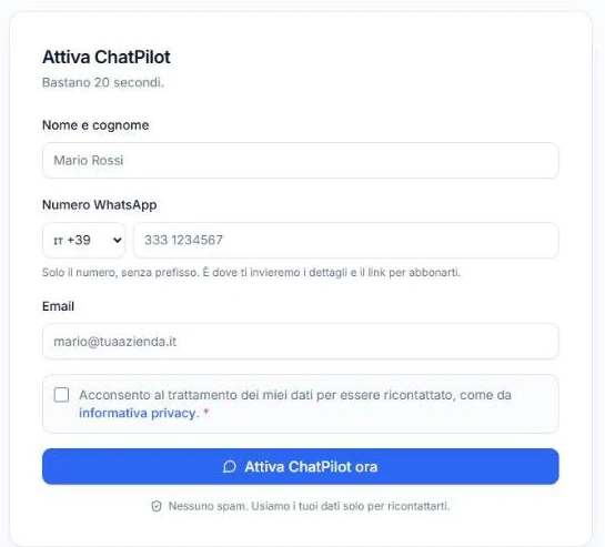 Modulo Attiva ChatPilot con i campi nome e cognome, numero WhatsApp ed email