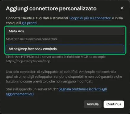 Finestra Aggiungi connettore personalizzato con nome Meta Ads e indirizzo https://mcp.facebook.com/ads