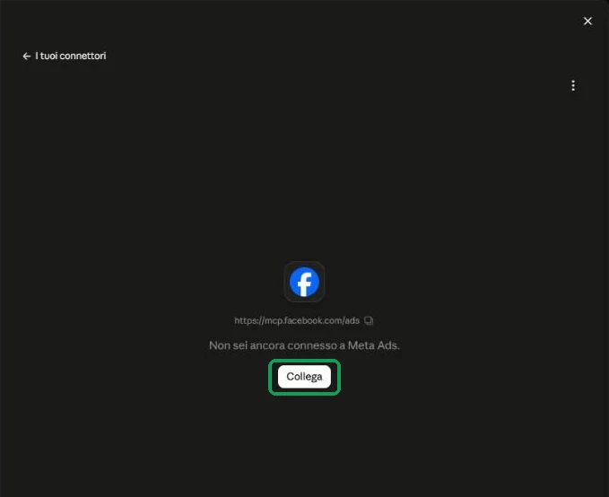 Scheda del connettore Meta Ads con il pulsante Collega