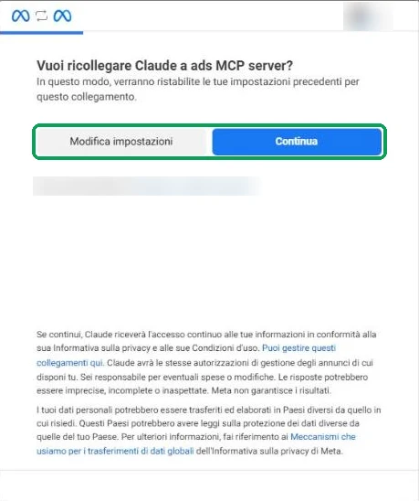 Finestra di consenso di Meta per collegare Claude al server MCP delle inserzioni