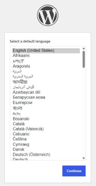 Prima schermata di installazione di WordPress con la scelta della lingua