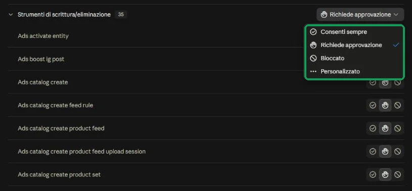 Menu delle autorizzazioni del gruppo Strumenti di scrittura/eliminazione: Consenti sempre, Richiede approvazione, Bloccato, Personalizzato