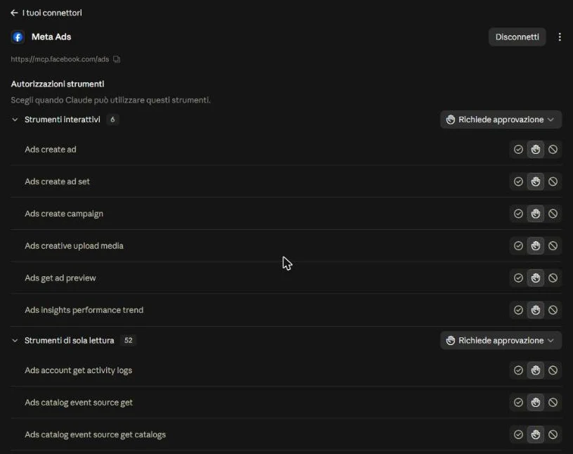 Autorizzazioni strumenti del connettore Meta Ads in Claude, gruppi Strumenti interattivi e Strumenti di sola lettura