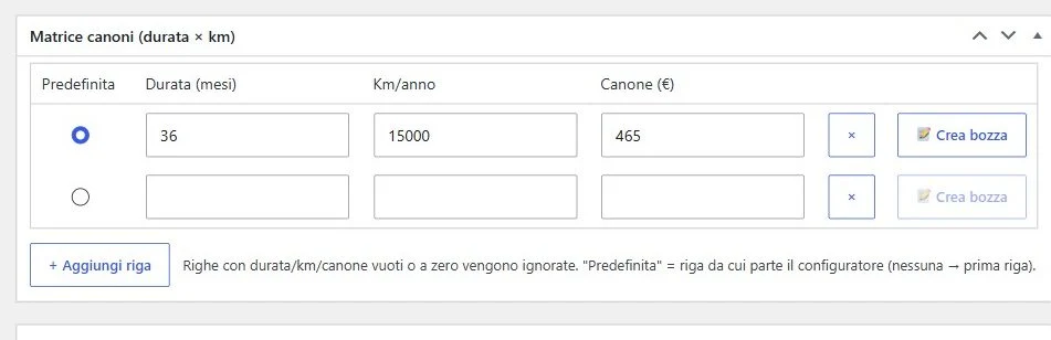 Riquadro Matrice canoni con durata 36 mesi, 15000 km e canone 465 euro