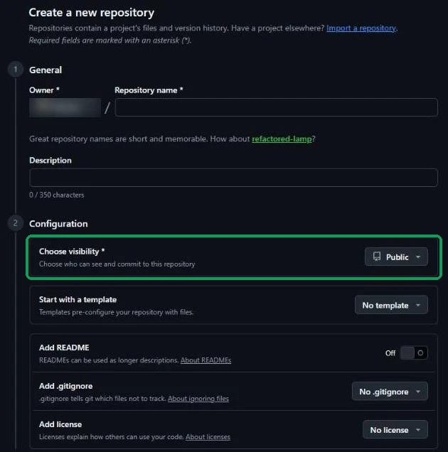 Pagina di GitHub per creare un nuovo repository, con nome e visibilità