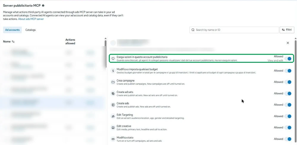 Meta Business Suite, Server pubblicitario MCP: regole di un account pubblicitario con le sette azioni consentite