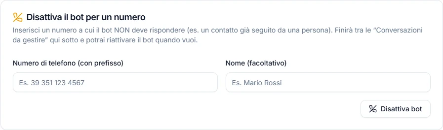 Riquadro Disattiva il bot per un numero con i campi numero di telefono e nome