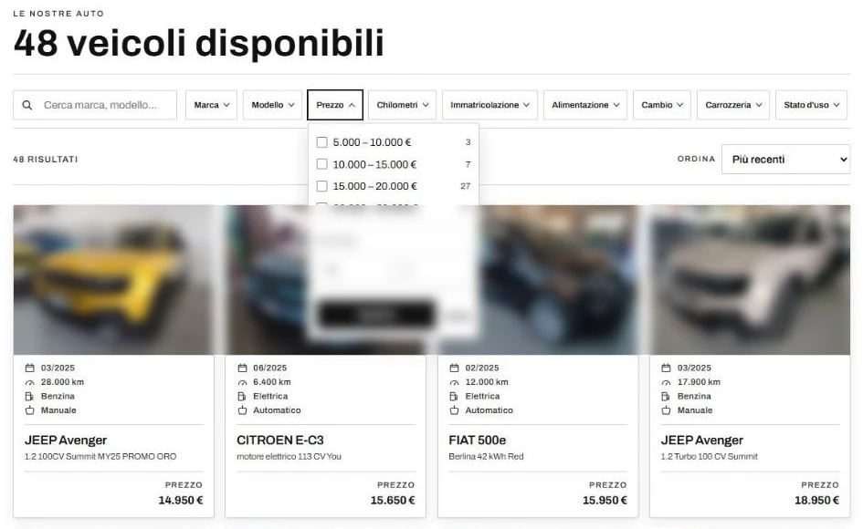 Catalogo veicoli con i filtri e il filtro Prezzo aperto con le fasce e il numero di auto