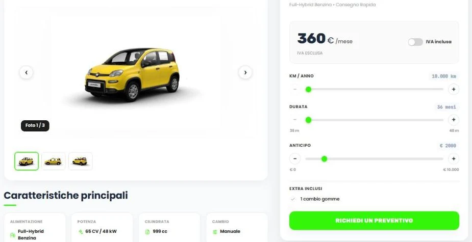 Pagina offerta Fiat Pandina con il configuratore del canone, i cursori di km, durata e anticipo