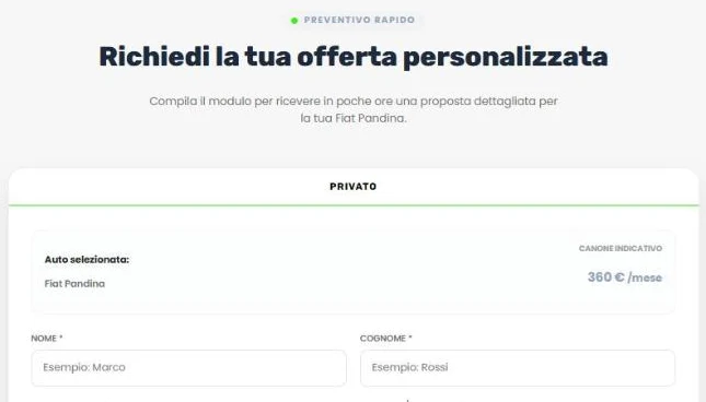 Modulo Richiedi la tua offerta personalizzata con l'auto selezionata e il canone indicativo