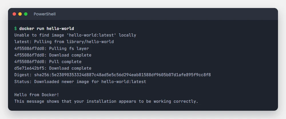 Finestra del terminale con il risultato del comando docker run hello-world