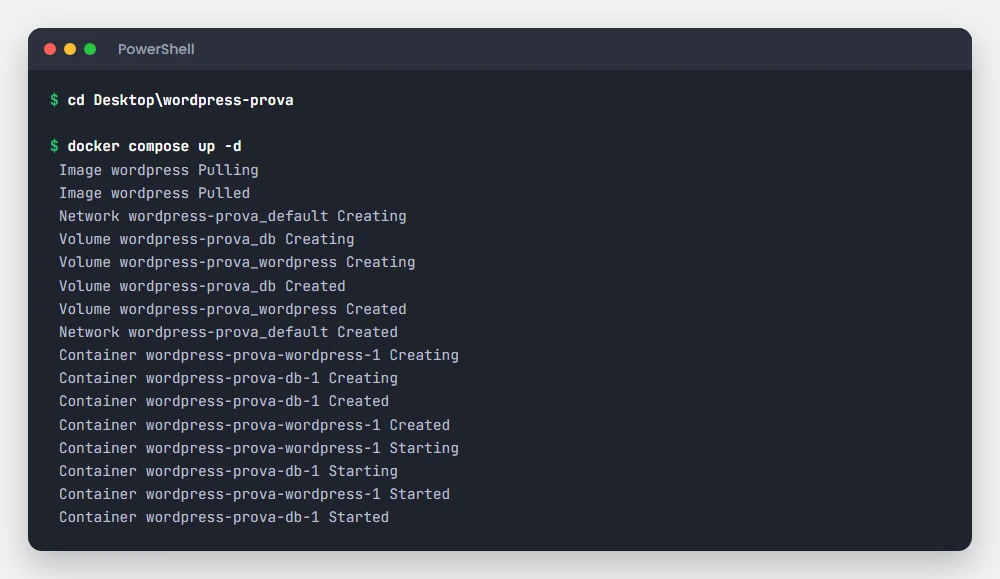 Terminale con docker compose up che scarica WordPress e accende i due container