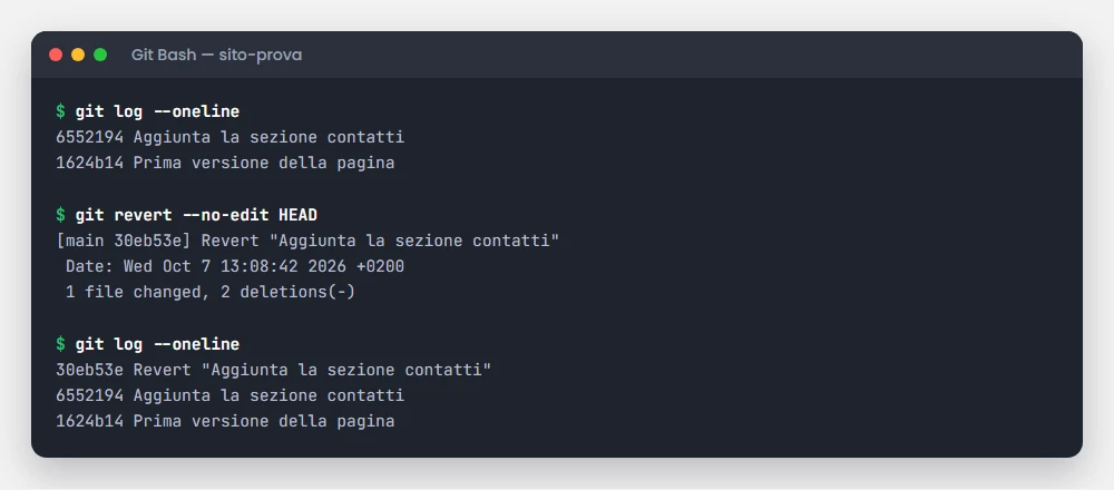 Terminale con git log e git revert che annulla l'ultimo commit
