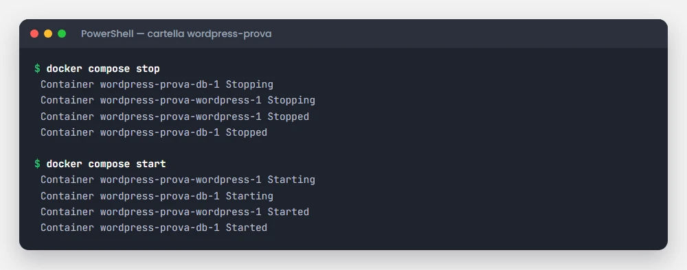 Terminale con docker compose stop e docker compose start