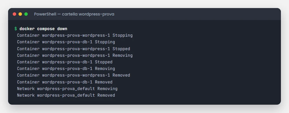 Terminale con docker compose down che spegne e rimuove i container